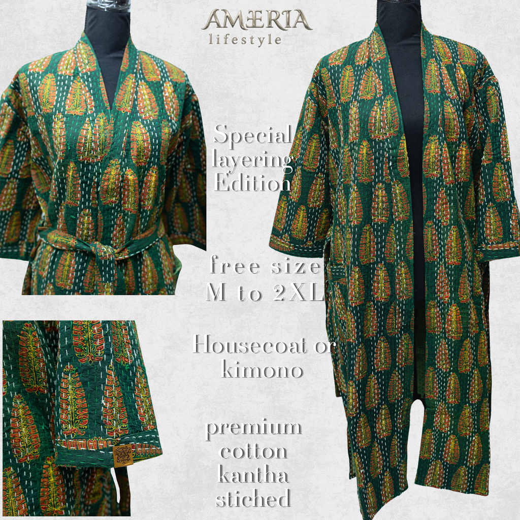 Forest Green Paisley Housecoat Kimono — Kantha Stitched Organic Cotton