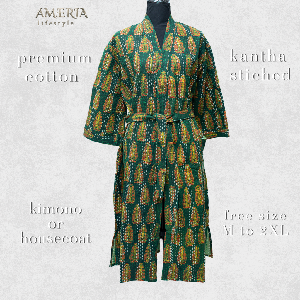 Forest Green Paisley Housecoat Kimono — Kantha Stitched Organic Cotton