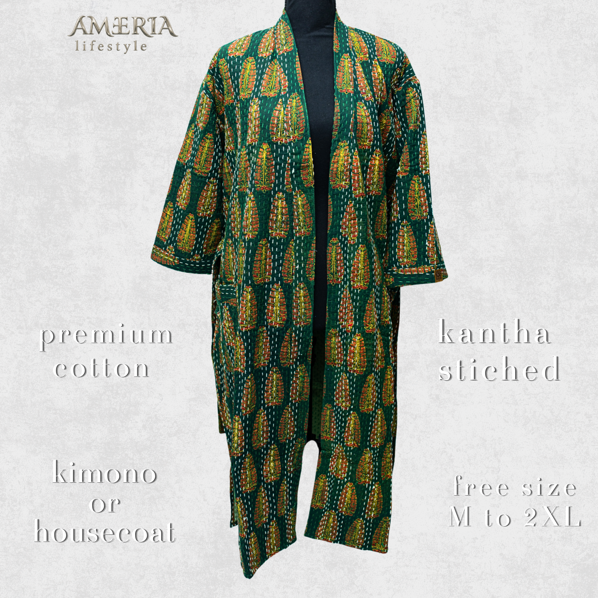 Forest Green Paisley Housecoat Kimono — Kantha Stitched Organic Cotton