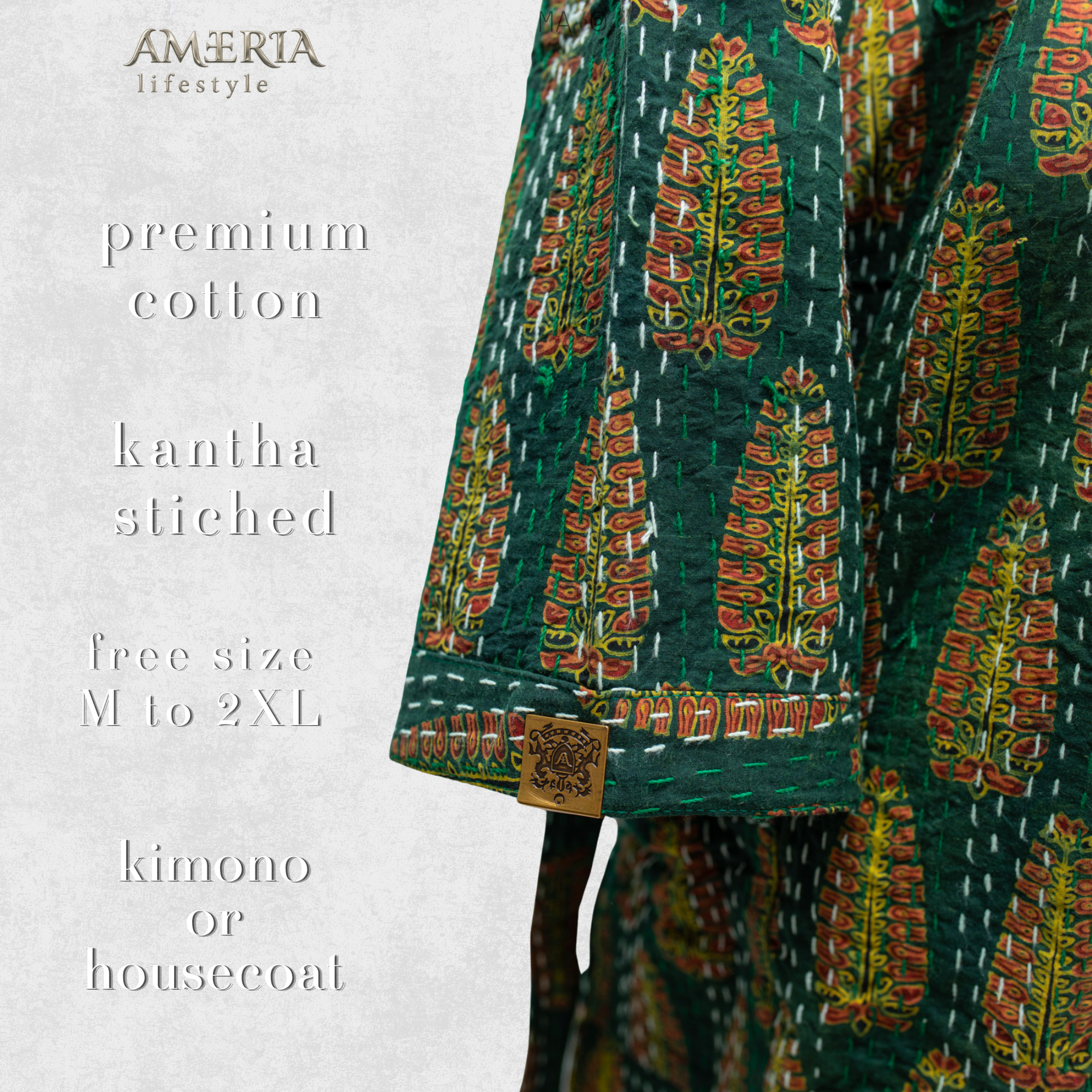 Forest Green Paisley Housecoat Kimono — Kantha Stitched Organic Cotton
