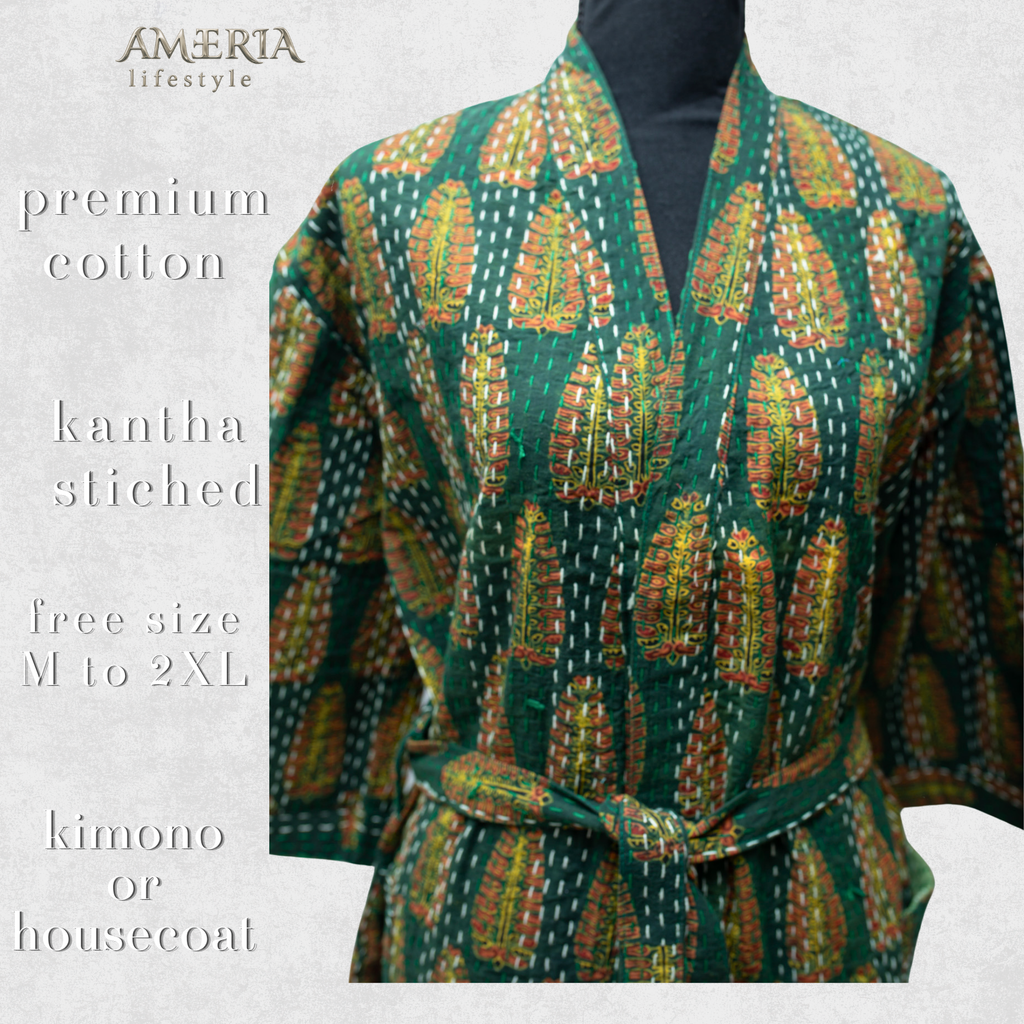 Forest Green Paisley Housecoat Kimono — Kantha Stitched Organic Cotton