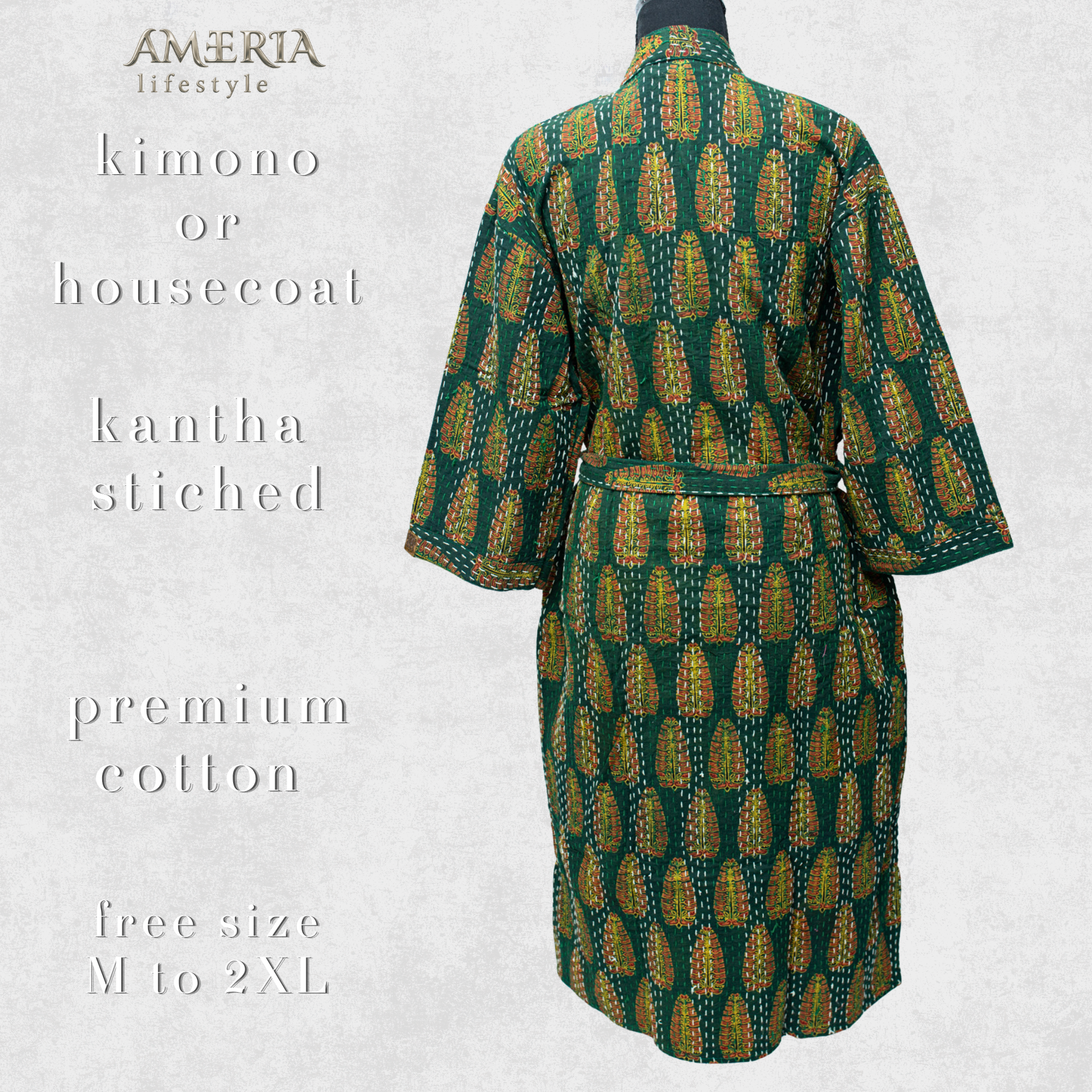 Forest Green Paisley Housecoat Kimono — Kantha Stitched Organic Cotton