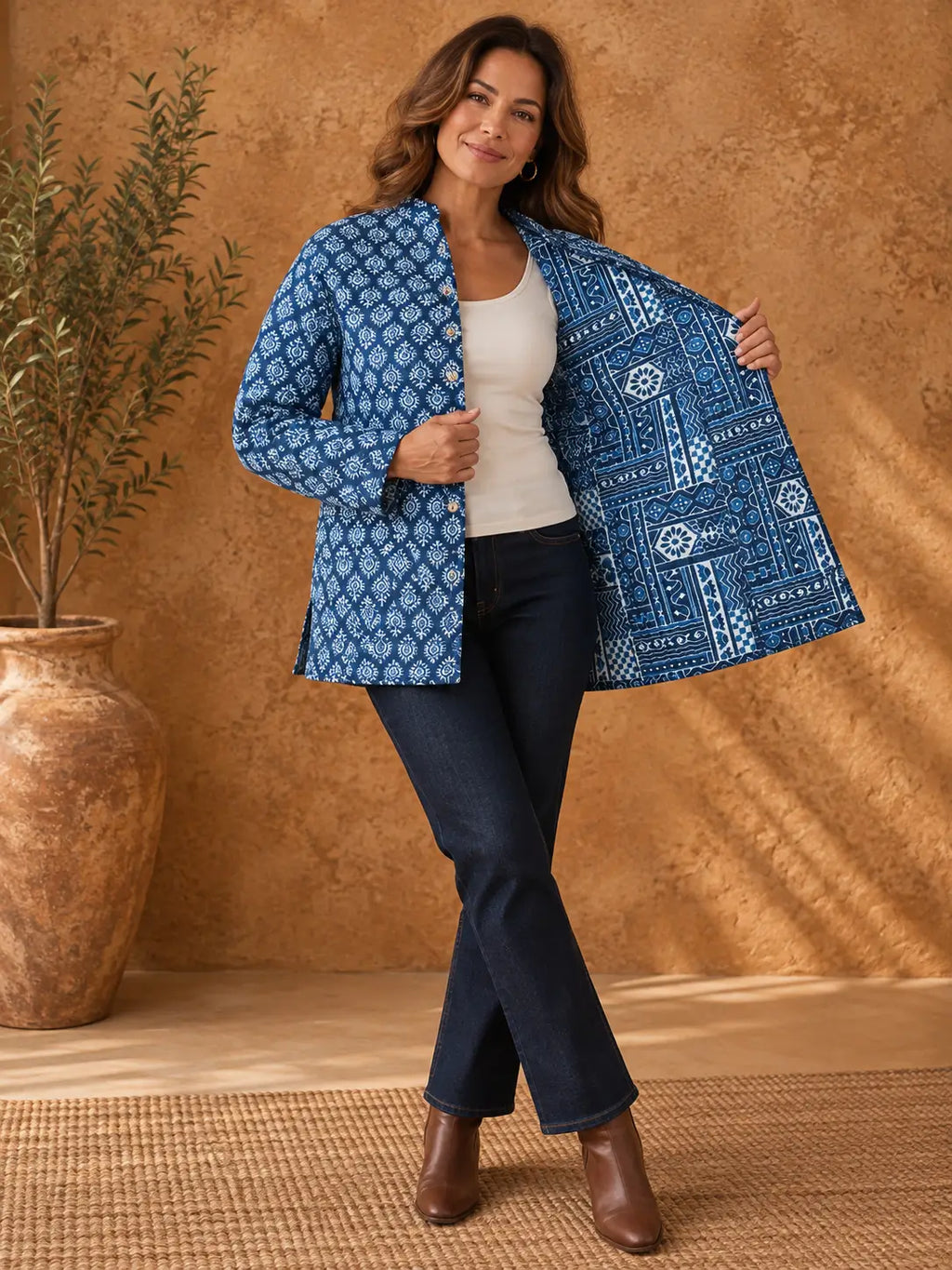 Cotton Quilted Reversible Spring/Fall Jacket - Short/Mid - Indigo Blue Geometric & Floral