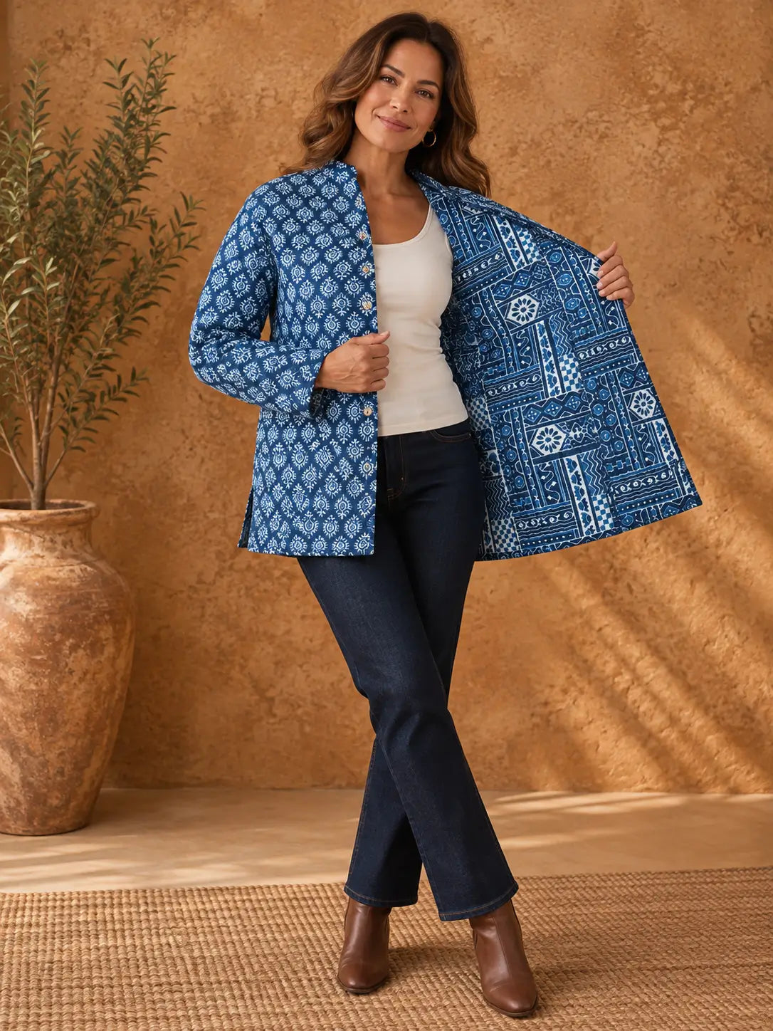 Cotton Quilted Reversible Spring/Fall Jacket - Short/Mid - Indigo Blue Geometric & Floral