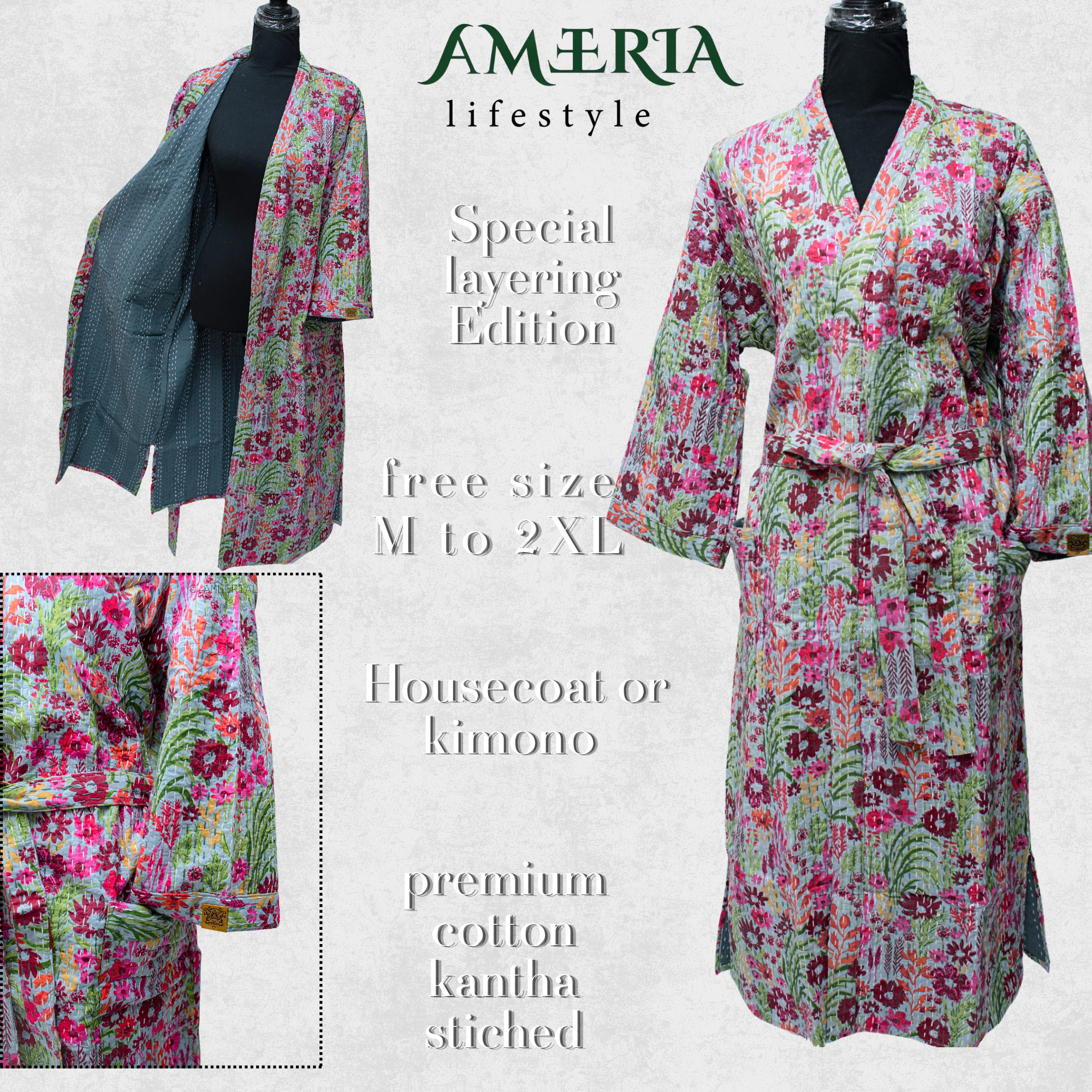 Sage Green Multicolor Floral Housecoat Kimono — Kantha Stitched Organic Cotton