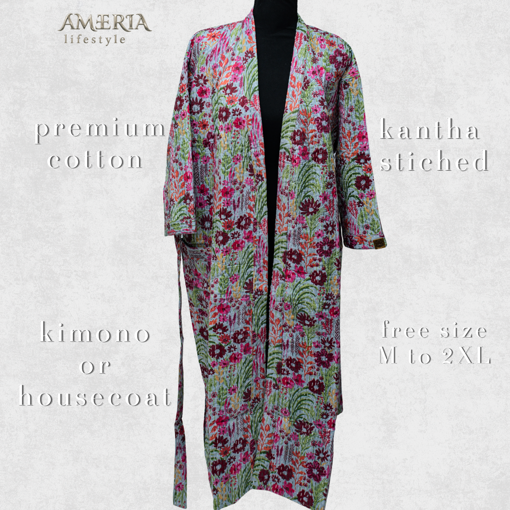 Sage Green Multicolor Floral Housecoat Kimono — Kantha Stitched Organic Cotton