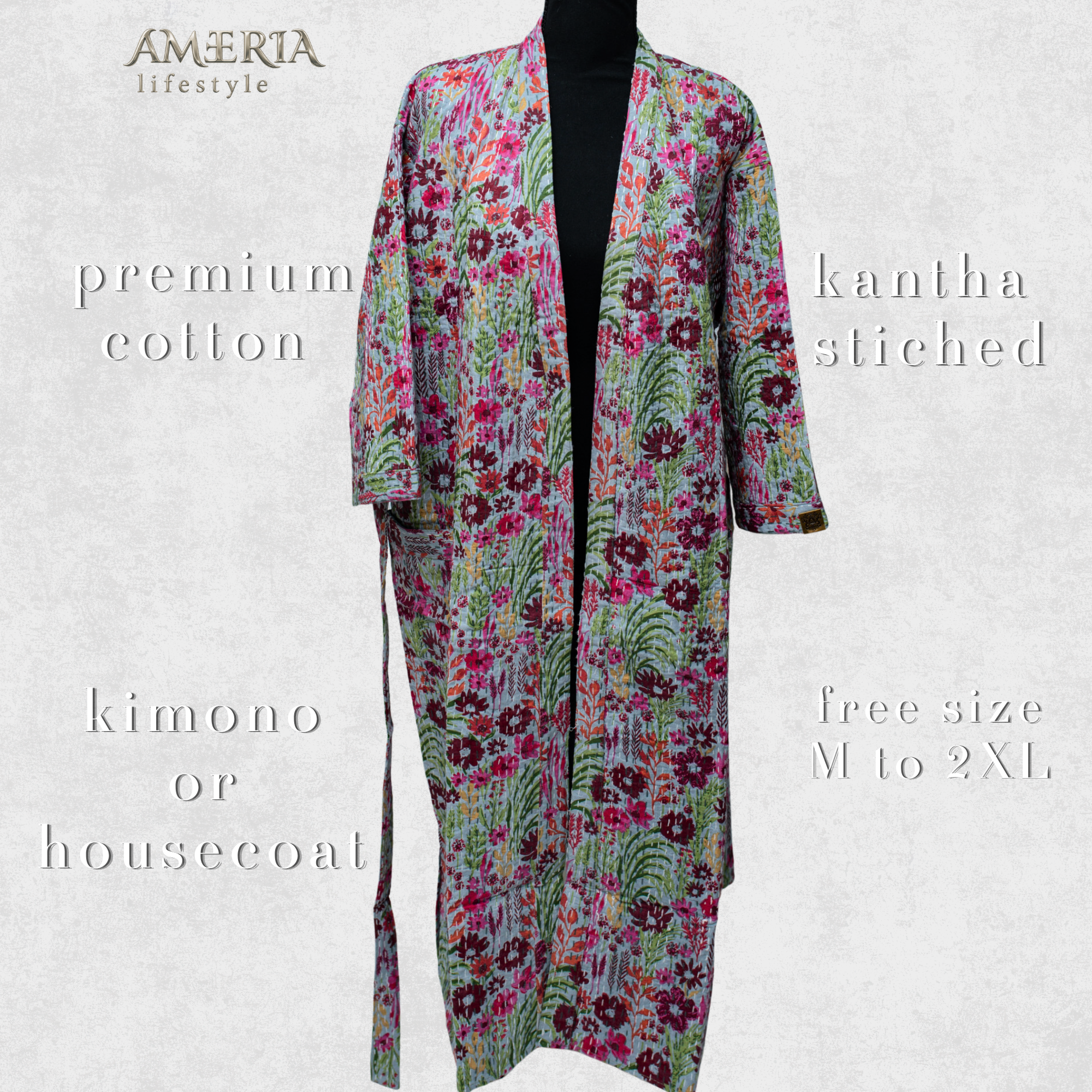 Sage Green Multicolor Floral Housecoat Kimono — Kantha Stitched Organic Cotton
