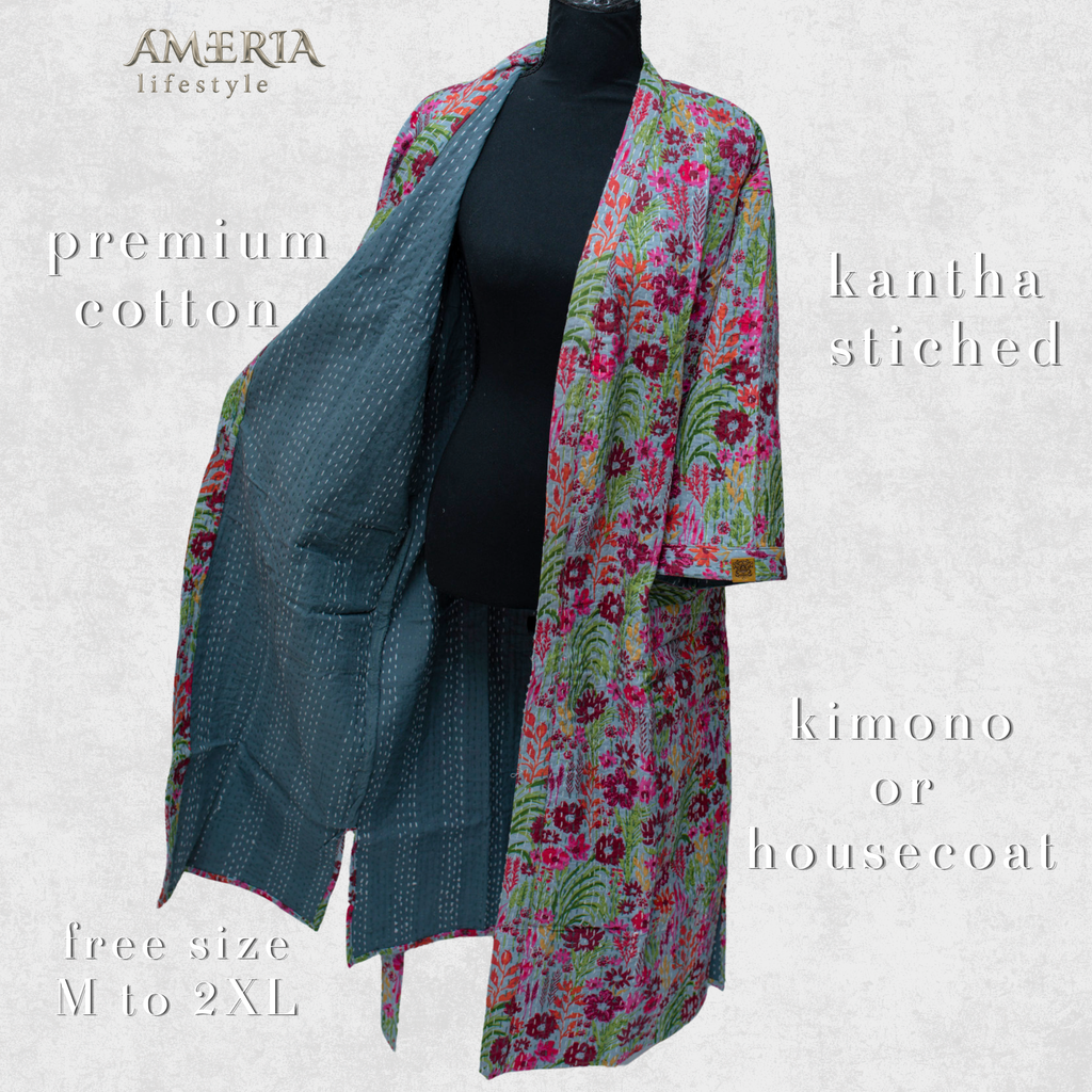 Sage Green Multicolor Floral Housecoat Kimono — Kantha Stitched Organic Cotton