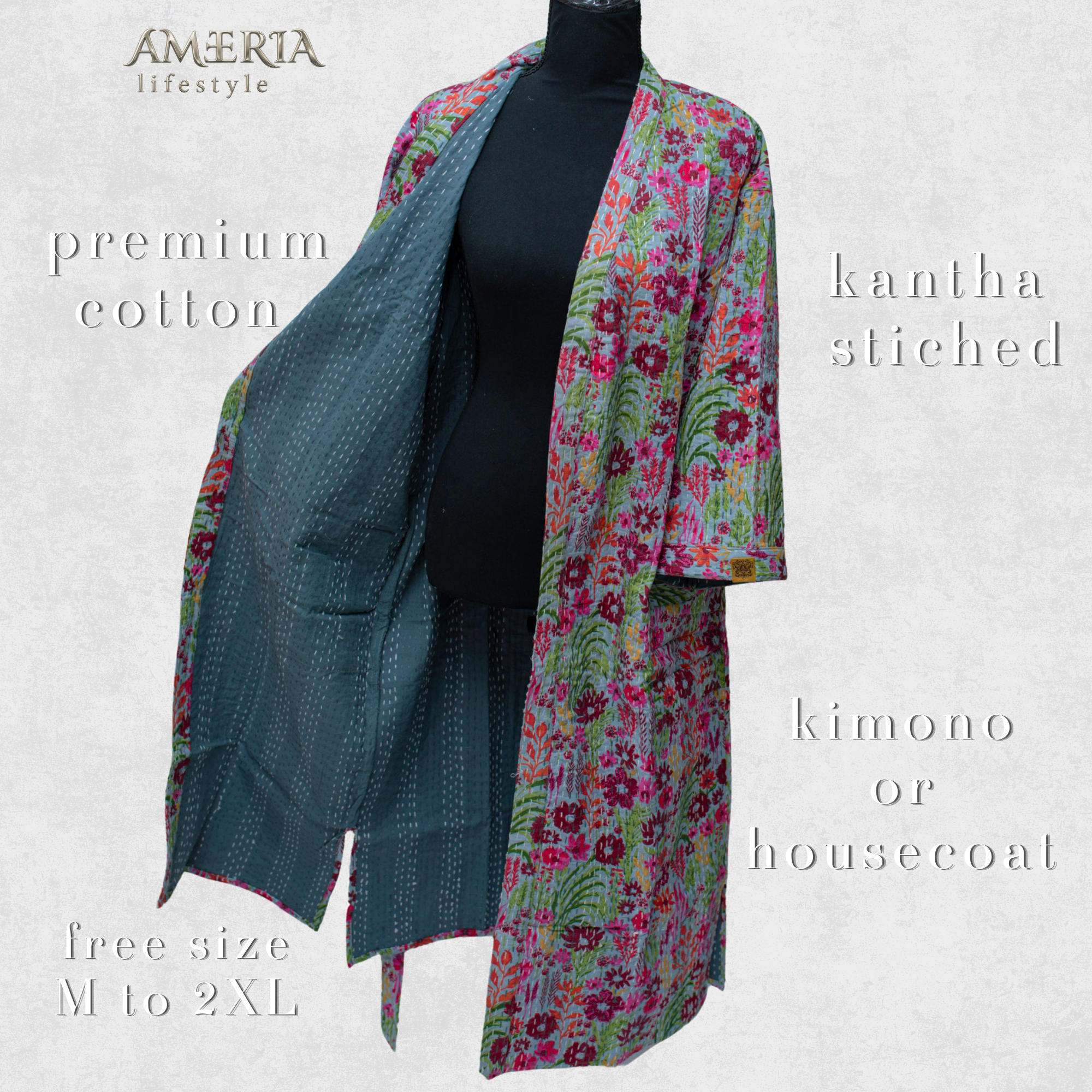 Sage Green Multicolor Floral Housecoat Kimono — Kantha Stitched Organic Cotton
