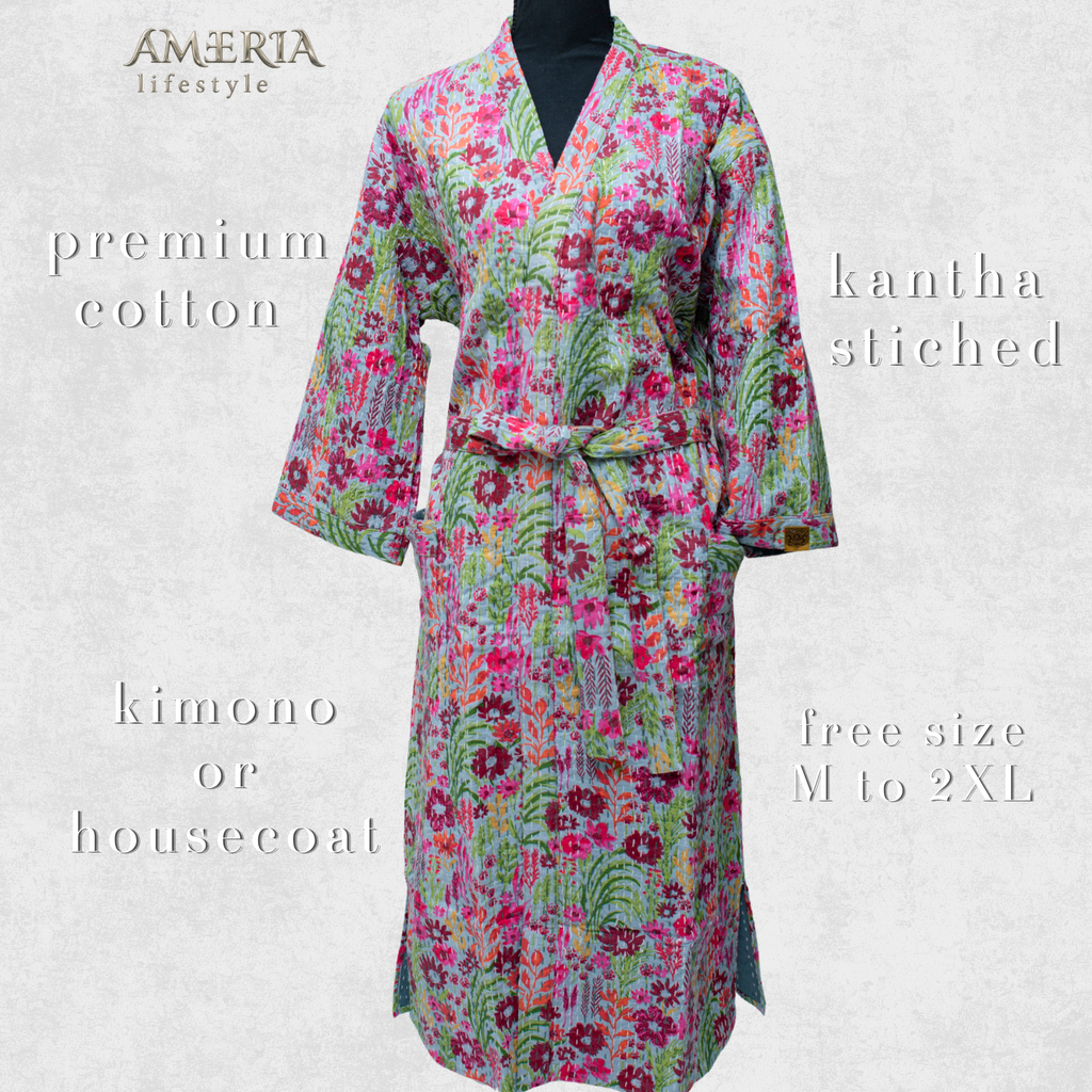 Sage Green Multicolor Floral Housecoat Kimono — Kantha Stitched Organic Cotton
