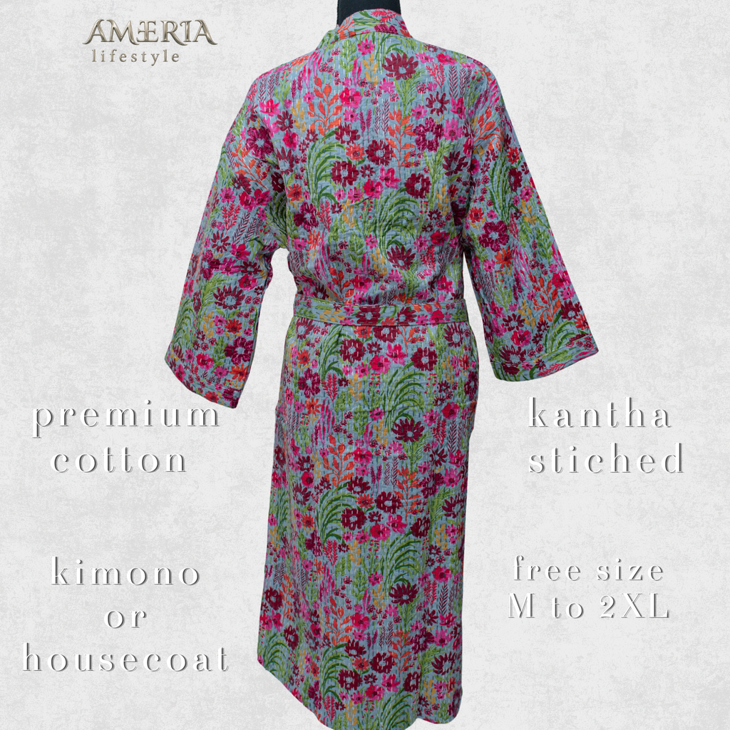 Sage Green Multicolor Floral Housecoat Kimono — Kantha Stitched Organic Cotton