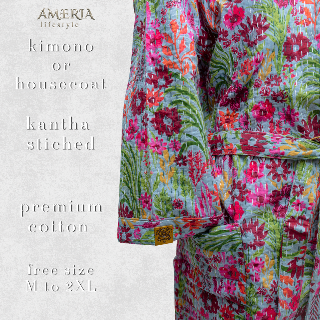 Sage Green Multicolor Floral Housecoat Kimono — Kantha Stitched Organic Cotton