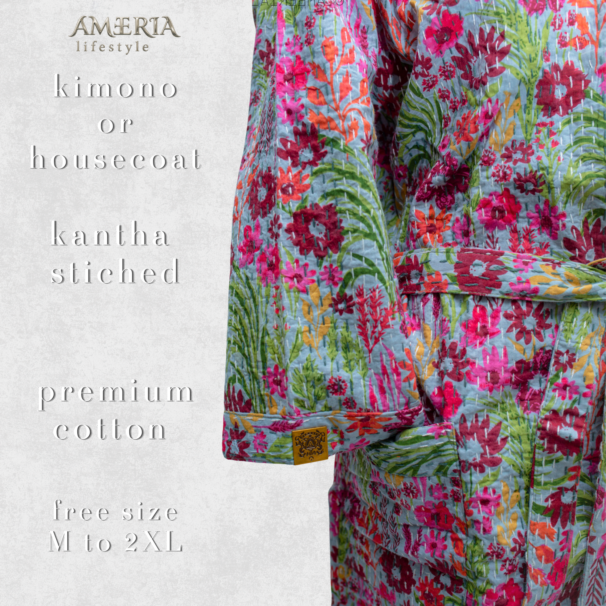 Sage Green Multicolor Floral Housecoat Kimono — Kantha Stitched Organic Cotton