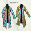 Turquoise floral and cream birds reversible quilted long jacket