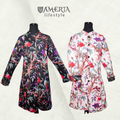 Off white and black floral  with birds & foliage reversible quilted long jacket