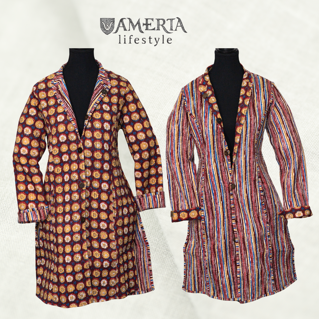 Burgundy medallion and multicolor stripes reversible quilted long jacket