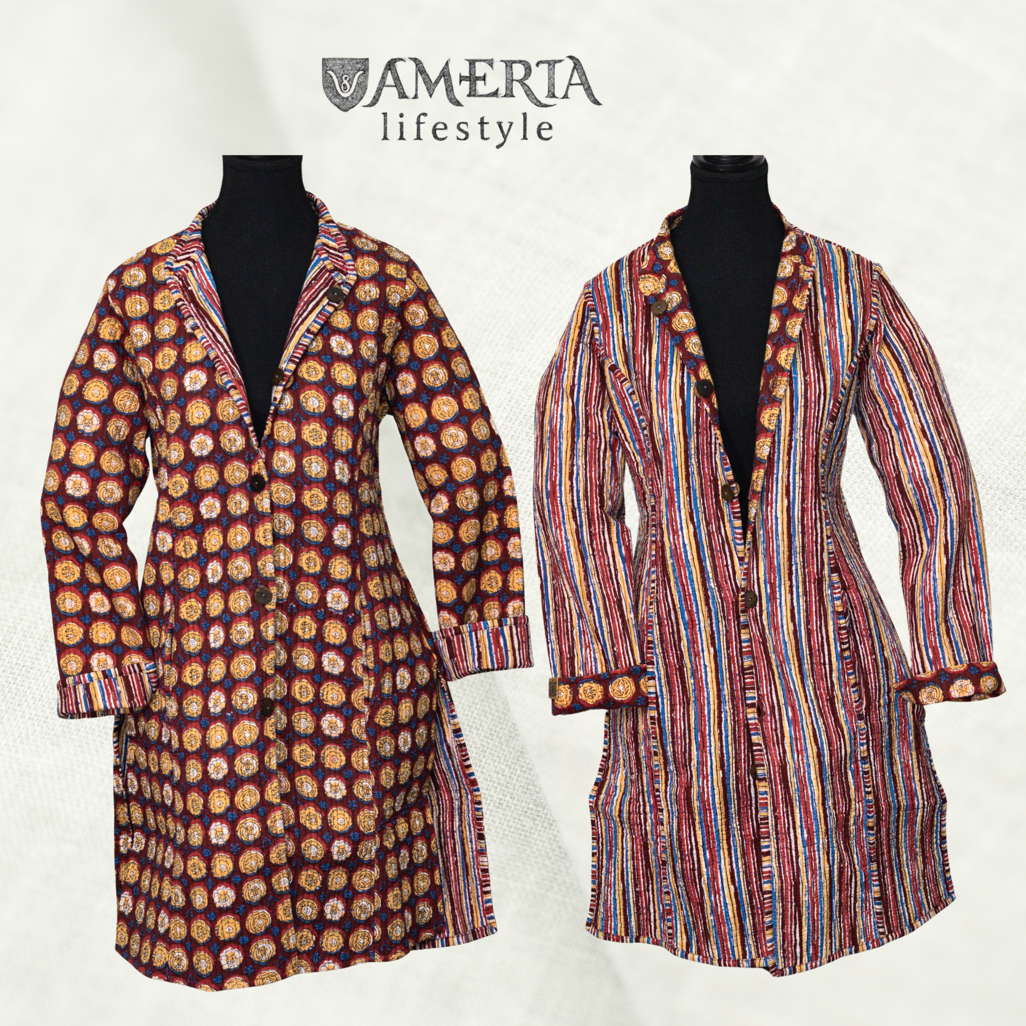 Burgundy medallion and multicolor stripes reversible quilted long jacket