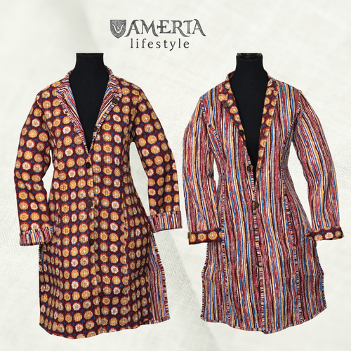 Burgundy medallion and multicolor stripes reversible quilted long jacket