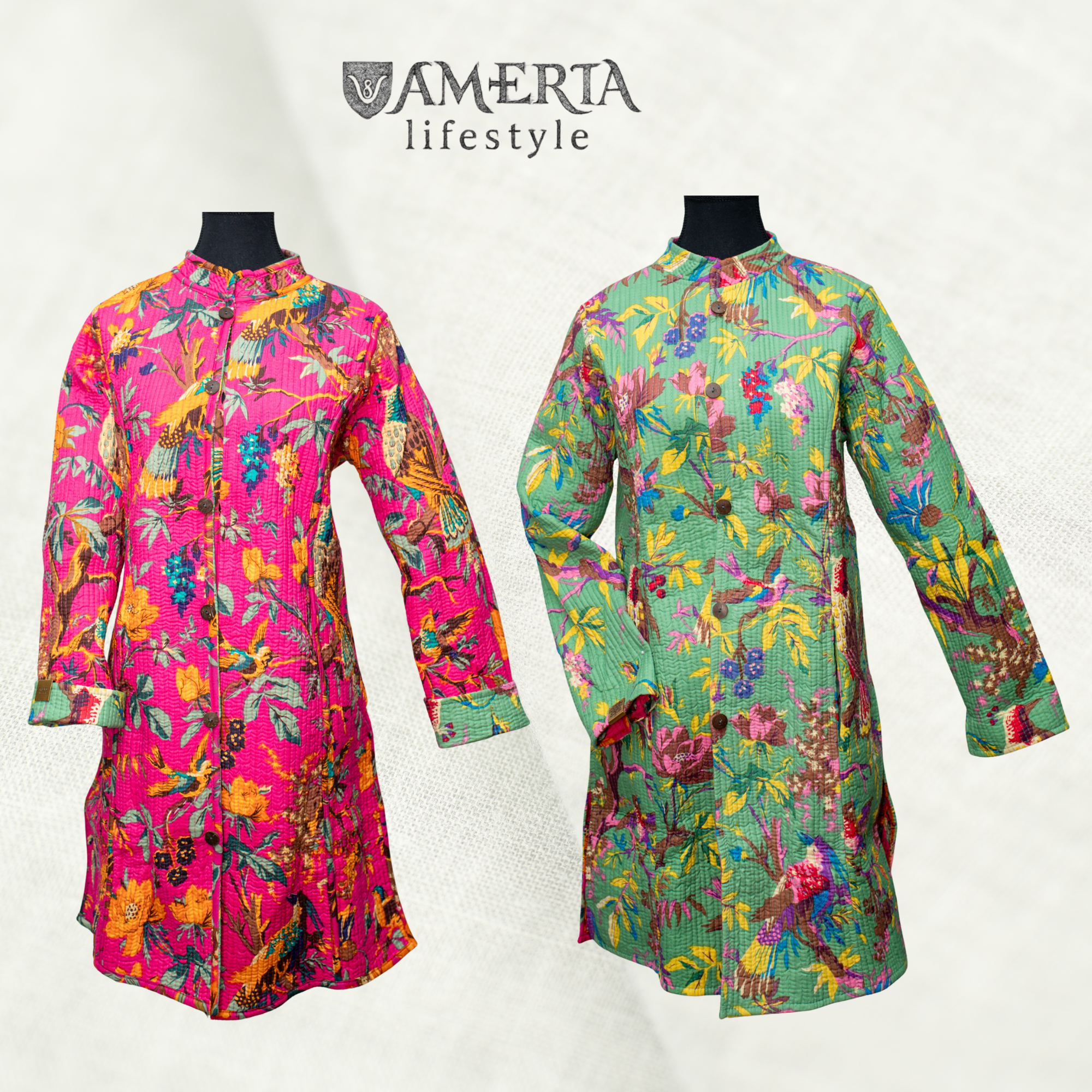 Sage green and hot pink floral reversible quilted long jacket