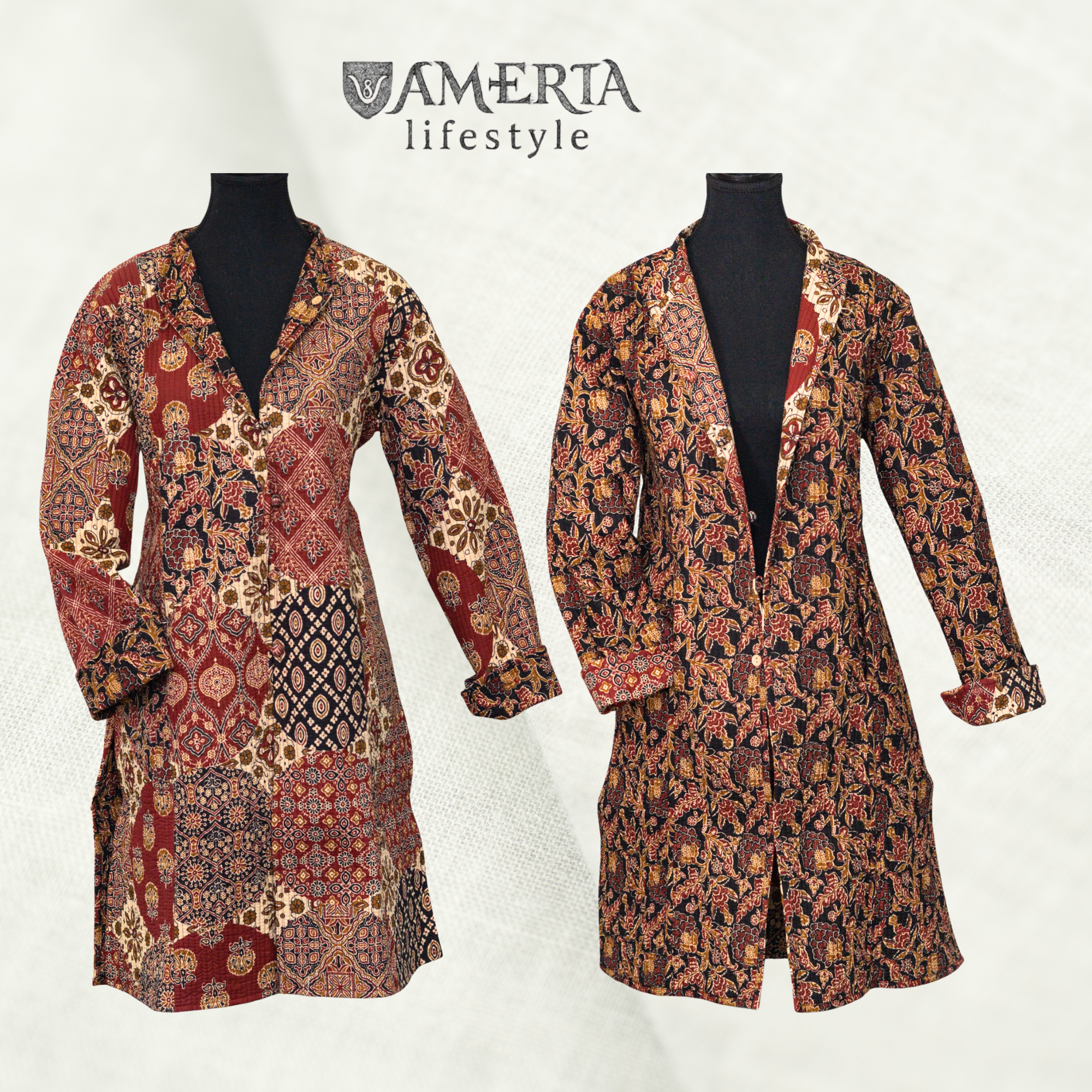 Cotton Quilted Reversible Spring/Fall Jacket - Long - Burgundy Batik Patchwork
