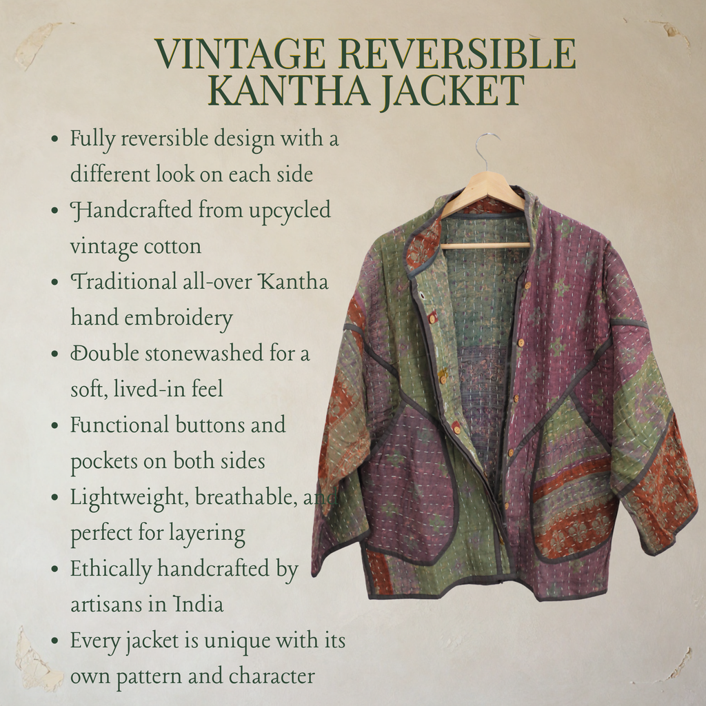Vintage Reversible Kantha Jacket – Mossy Purple & Sage Patchwork – XL/2XL