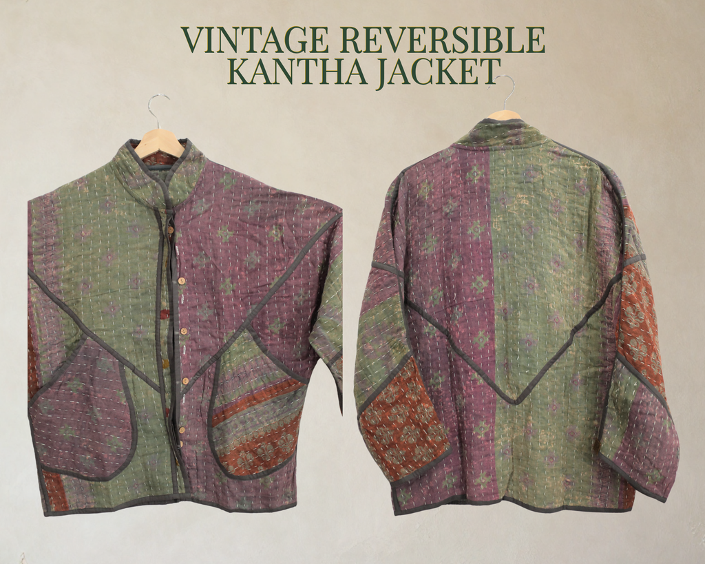 Vintage Reversible Kantha Jacket – Mossy Purple & Sage Patchwork – XL/2XL