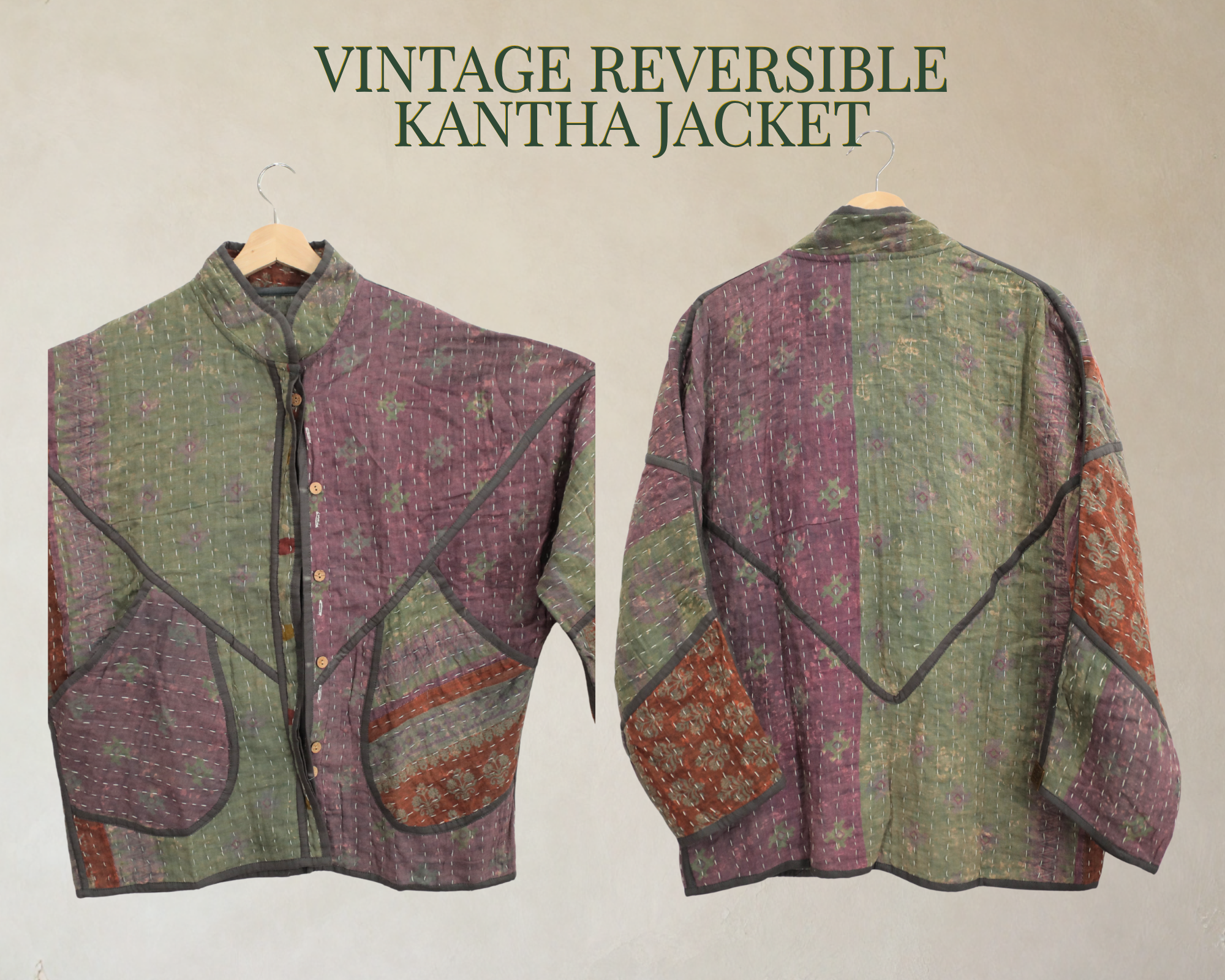 Vintage Reversible Kantha Jacket – Mossy Purple & Sage Patchwork – XL/2XL
