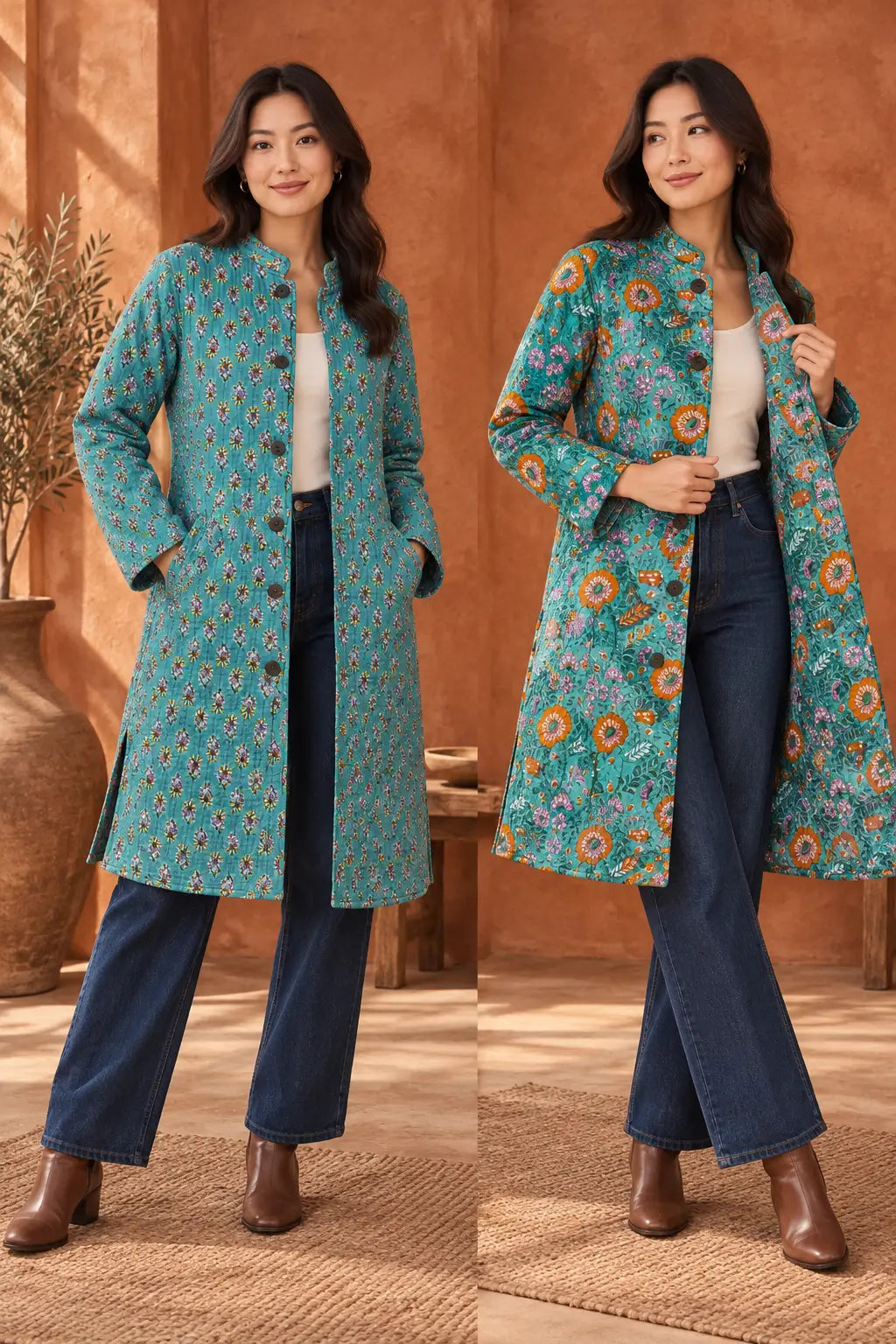 Cotton Quilted Reversible Spring/Fall Jacket - Long - Teal Floral & Orange Medallion