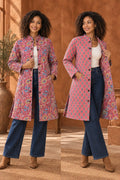 Cotton Quilted Reversible Spring/Fall Jacket - Long - Pink Floral & Orange Medallion