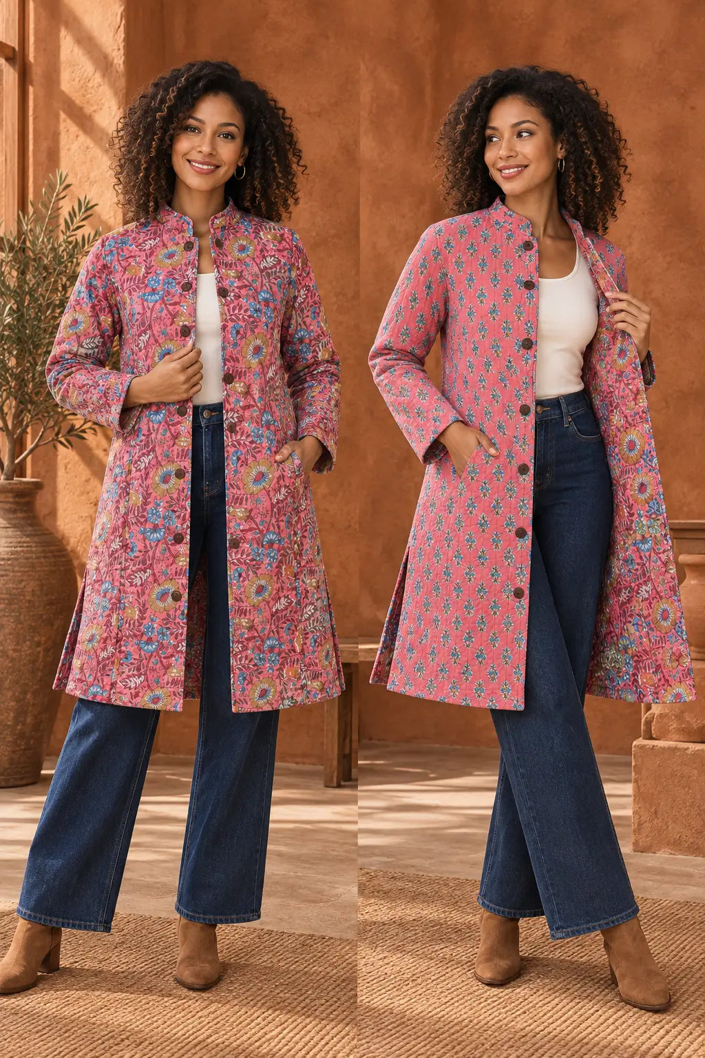 Cotton Quilted Reversible Spring/Fall Jacket - Long - Pink Floral & Orange Medallion