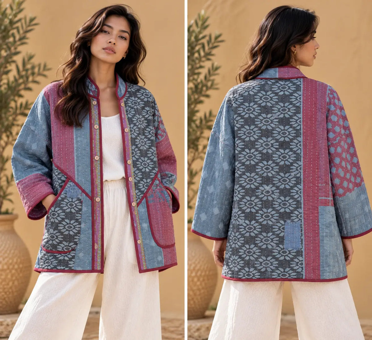 Rosewood Mosaic Reversible Kantha Jacket