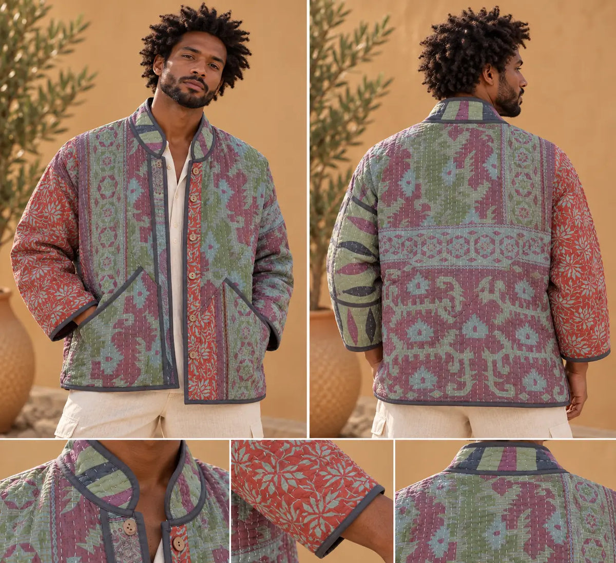 Vintage Dusty Teal & Plum Paisley Reversible Kantha Jacket – Unisex