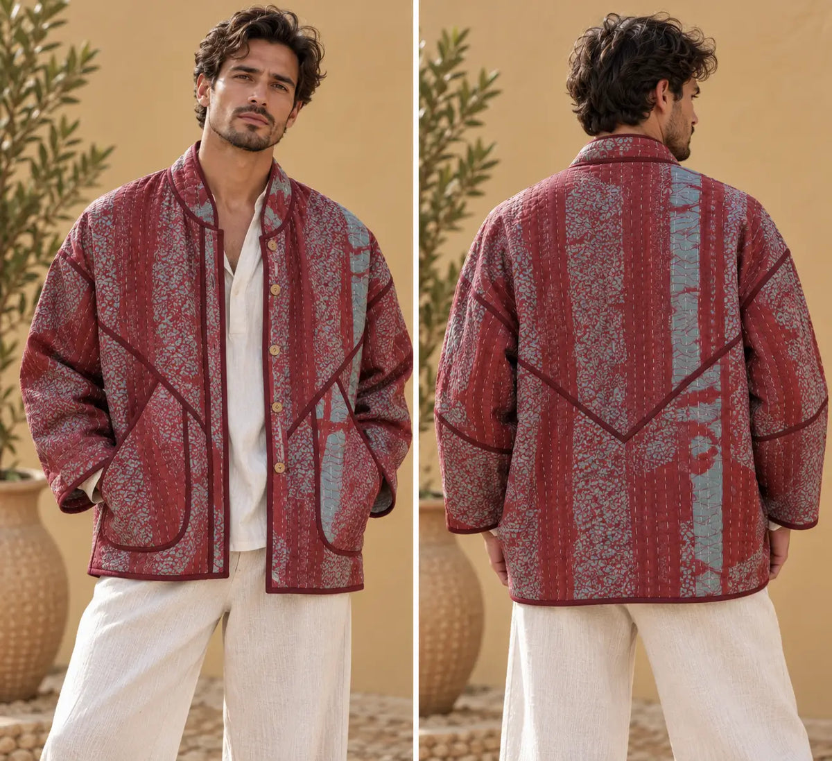 Vintage Rust Red & Slate Blue Kantha Reversible Jacket