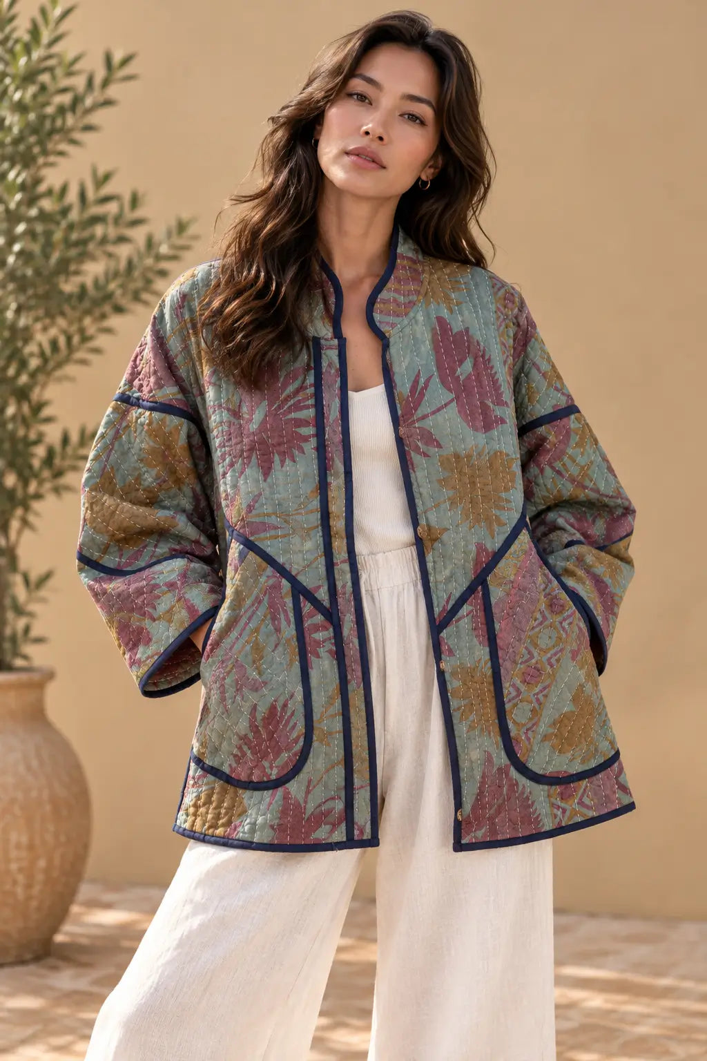 Vintage Sage Green & Dusty Rose Botanical Kantha Reversible Jacket