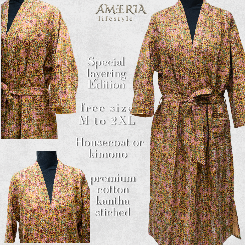 Sand Beige Botanical Housecoat Kimono — Kantha Stitched Organic Cotton