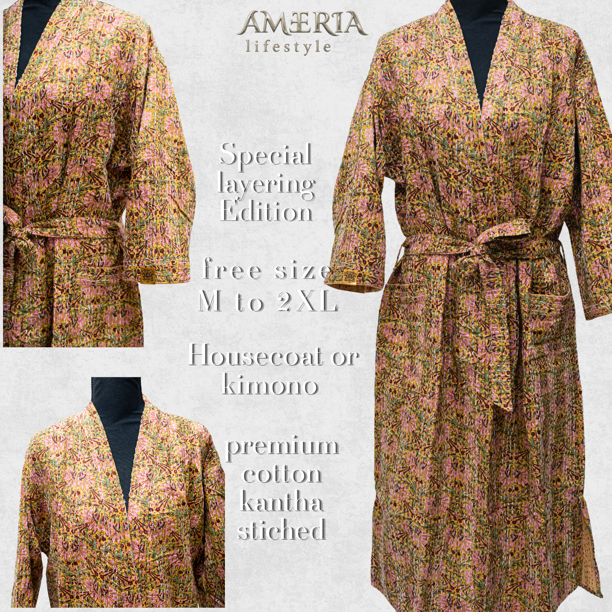 Sand Beige Botanical Housecoat Kimono — Kantha Stitched Organic Cotton