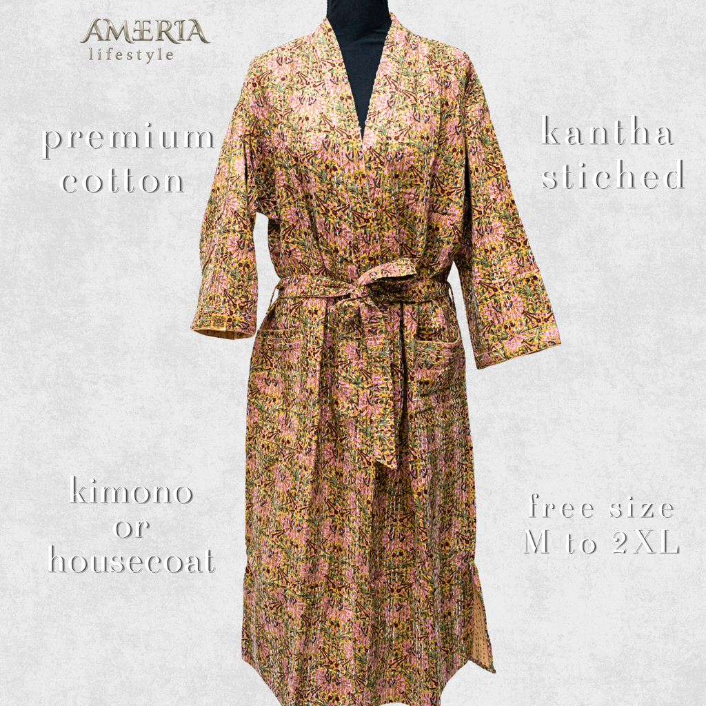 Sand Beige Botanical Housecoat Kimono — Kantha Stitched Organic Cotton