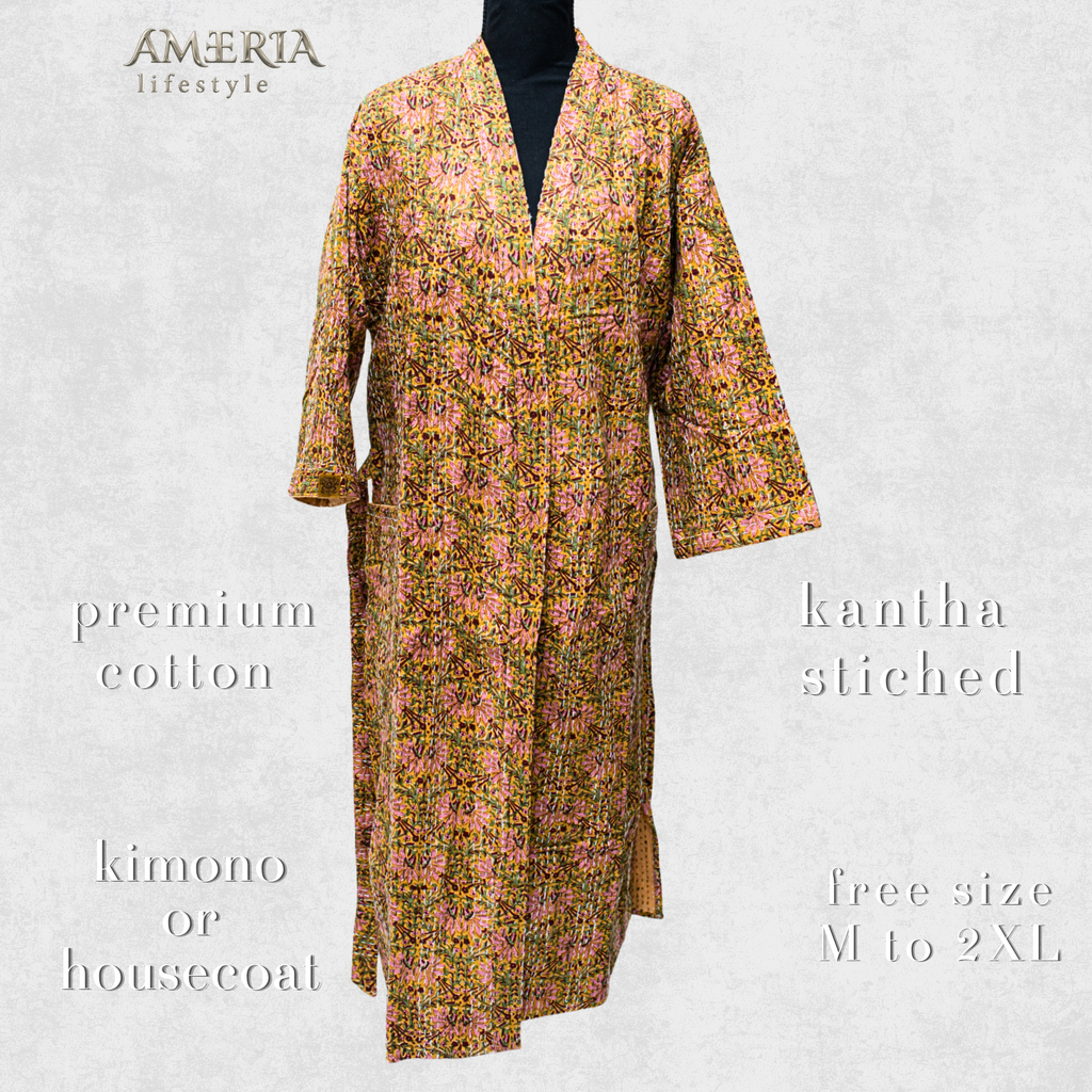 Sand Beige Botanical Housecoat Kimono — Kantha Stitched Organic Cotton