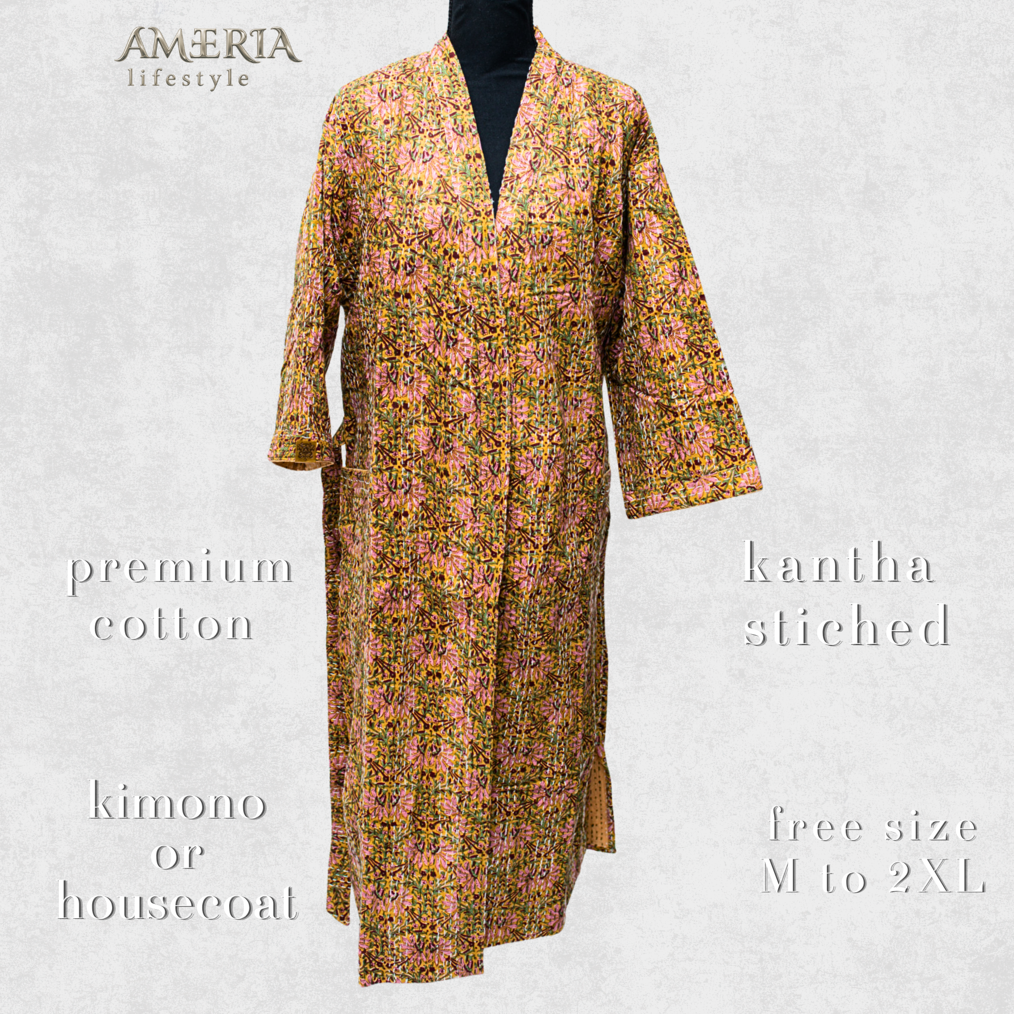 Sand Beige Botanical Housecoat Kimono — Kantha Stitched Organic Cotton