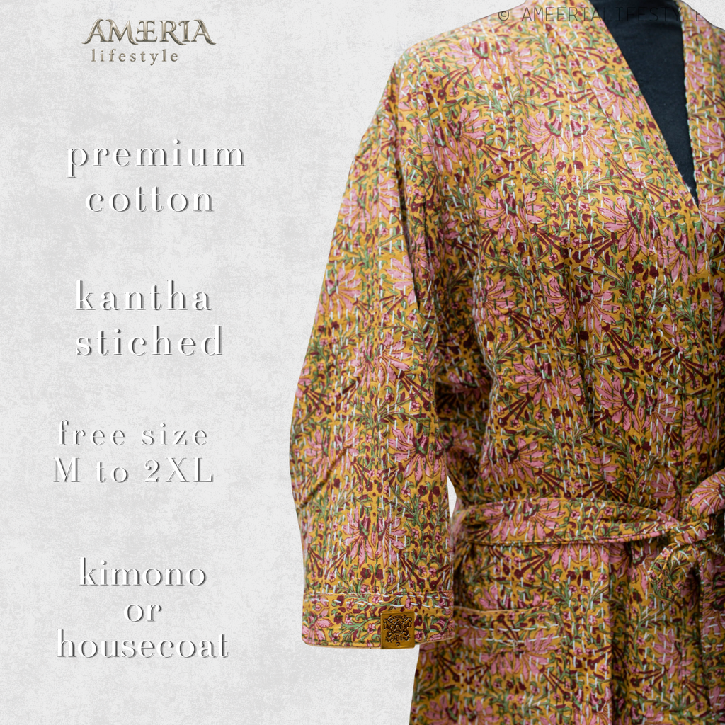 Sand Beige Botanical Housecoat Kimono — Kantha Stitched Organic Cotton
