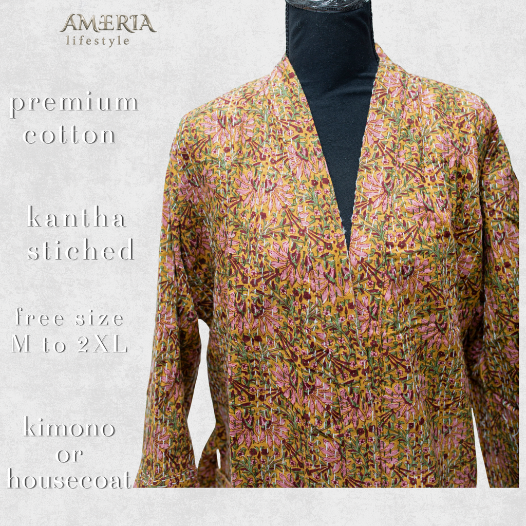 Sand Beige Botanical Housecoat Kimono — Kantha Stitched Organic Cotton