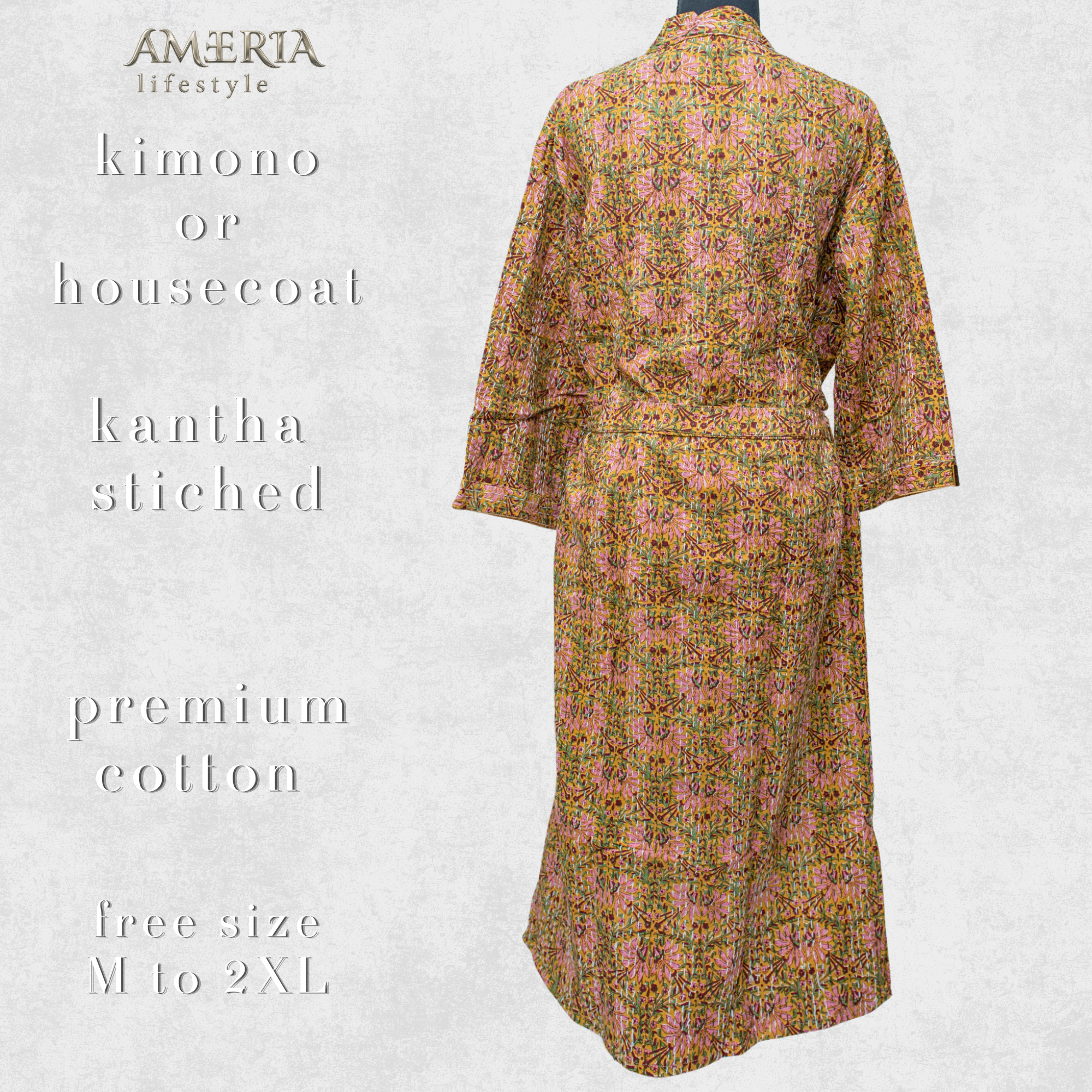 Sand Beige Botanical Housecoat Kimono — Kantha Stitched Organic Cotton