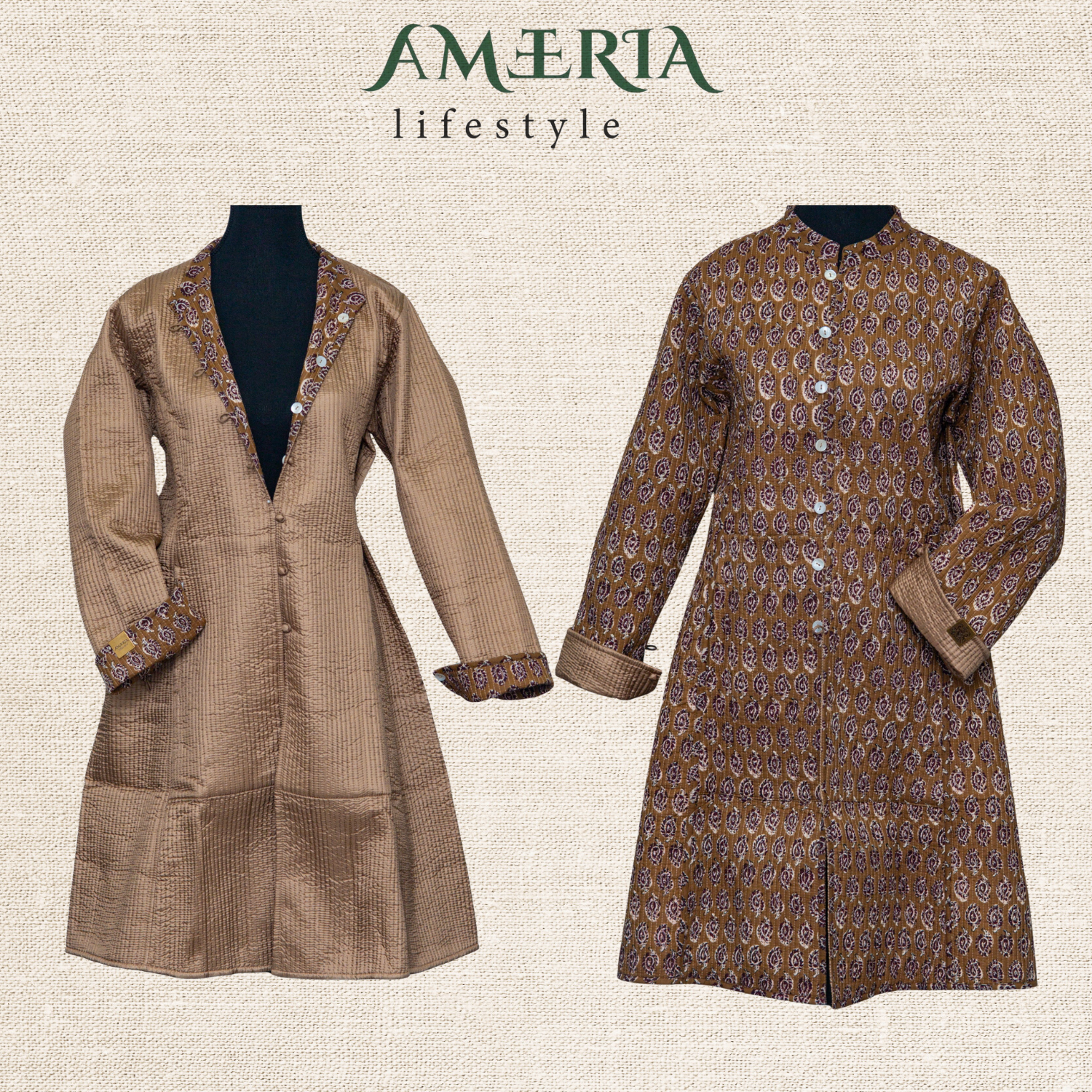 Two patterned full sleeves long quilted  reversible cotton coats on mannequins with 'Améeria Lifestyle' branding.