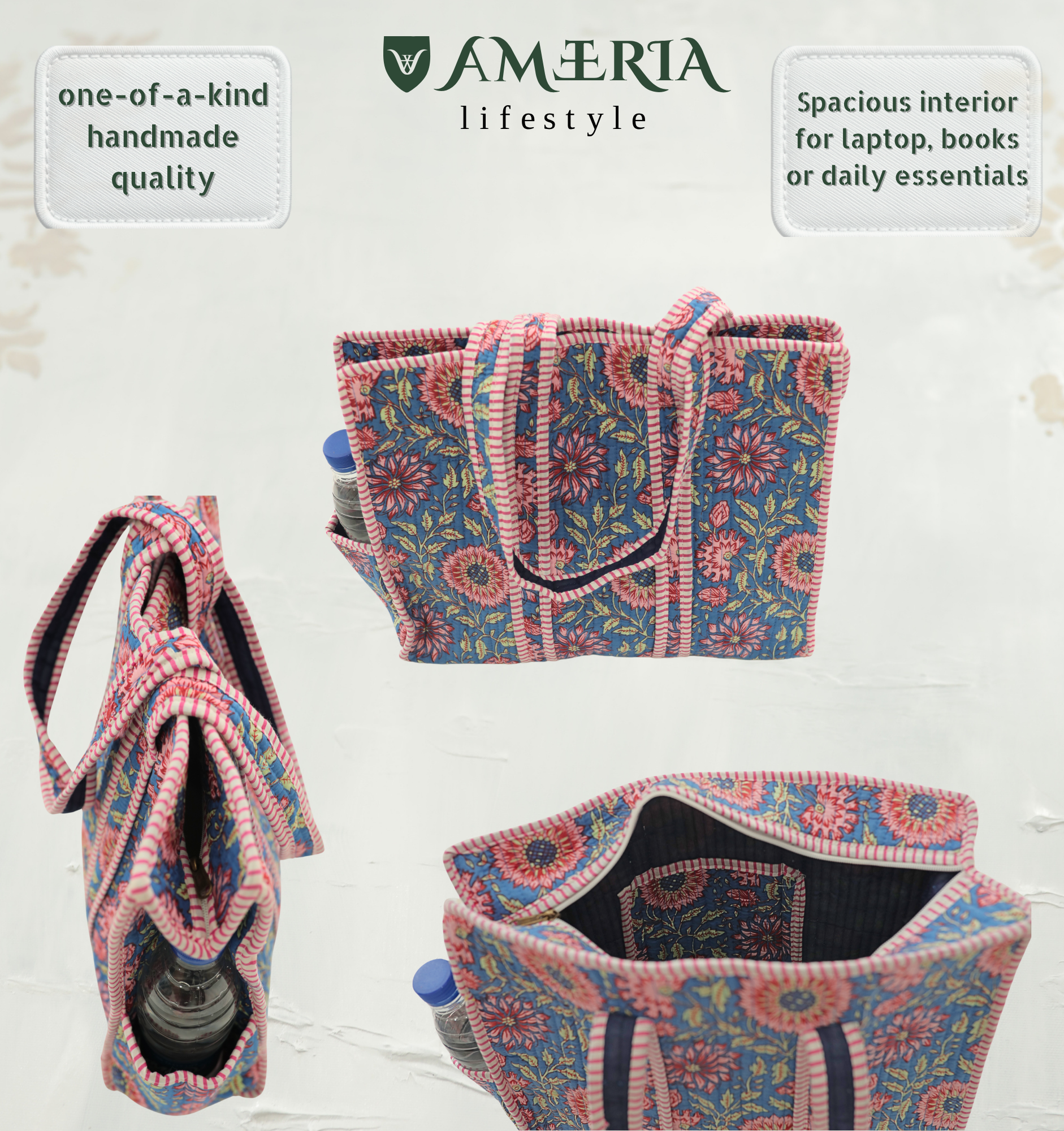 Premium Cotton Tote Bag with Side Pocket – Blue Floral Sunflower Print