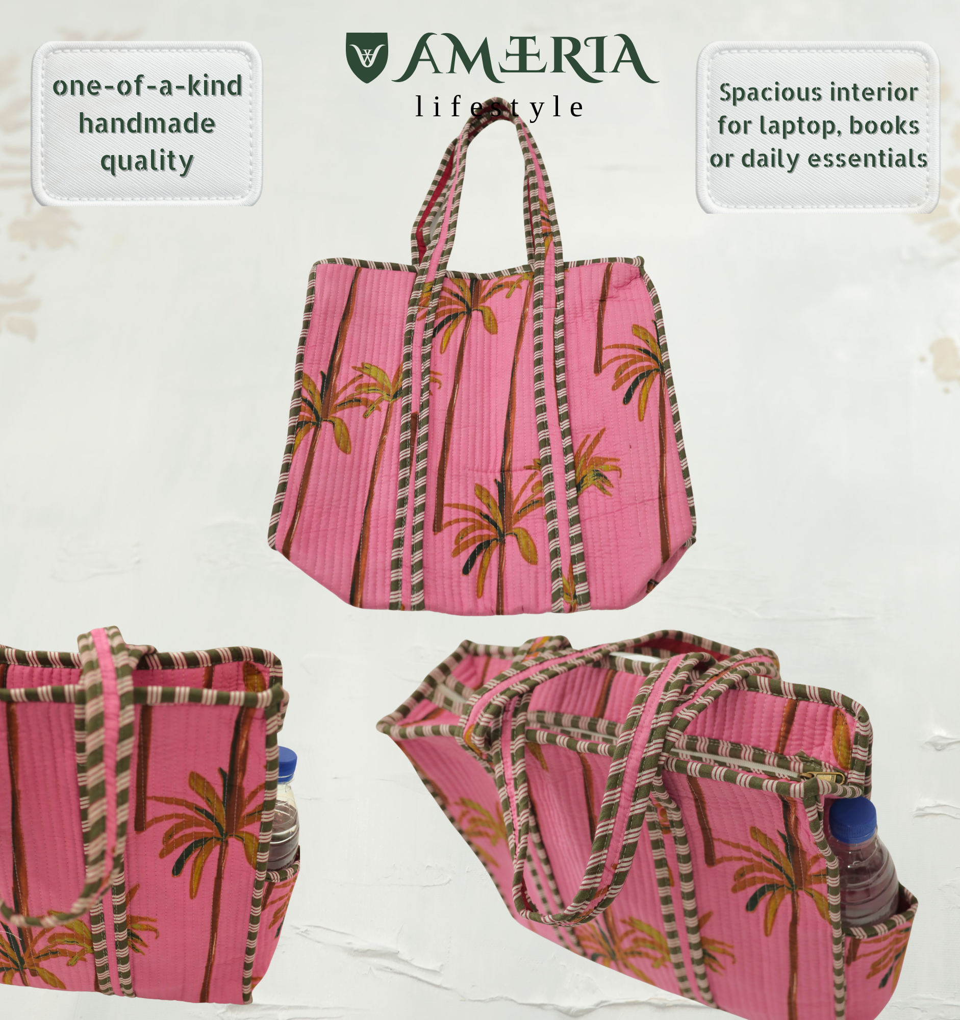Premium Cotton Tote Bag with Side Pocket – Pink Palm Print
