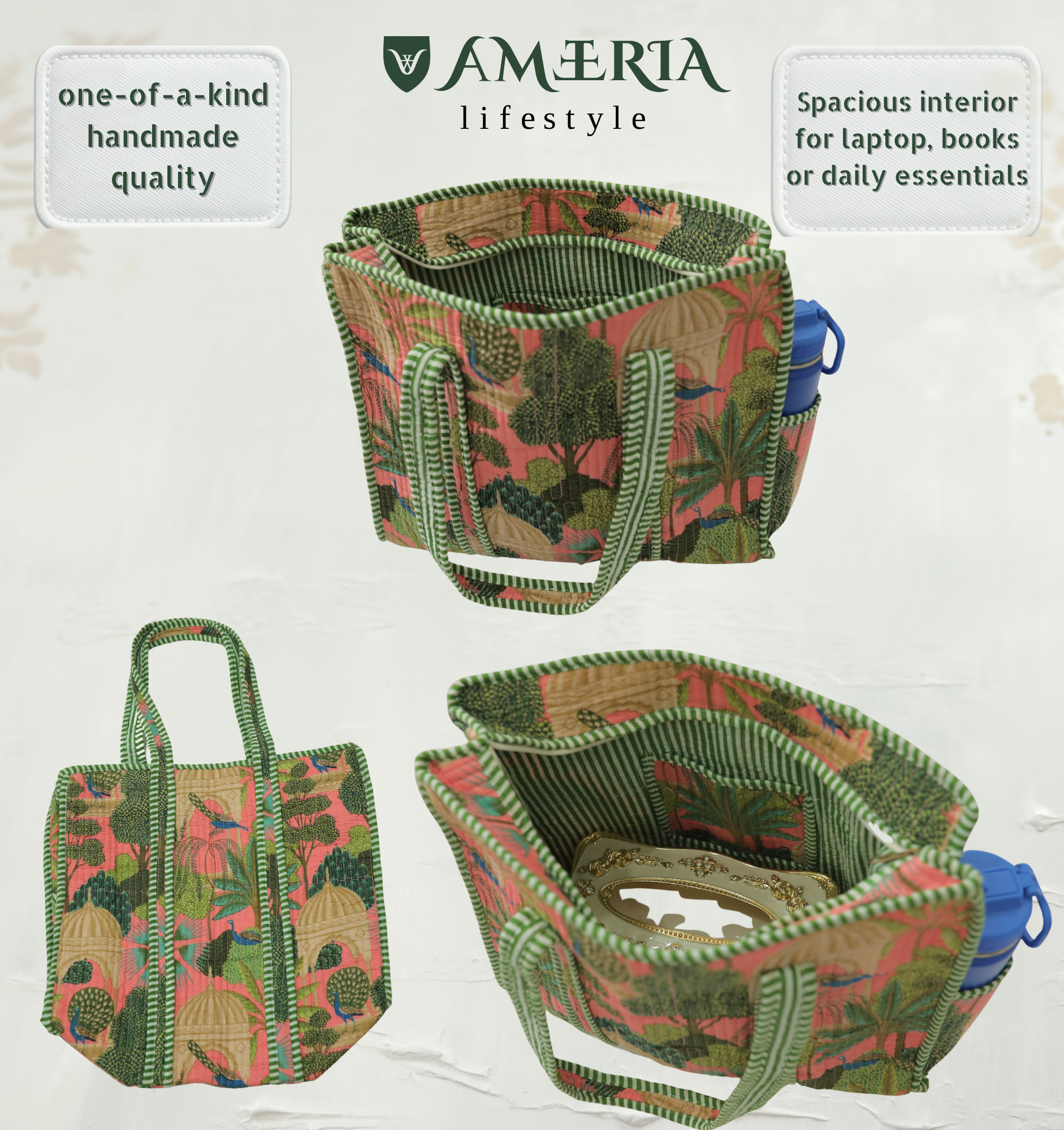 Premium Cotton Tote Bag with Side Pocket – Peacock Garden Print