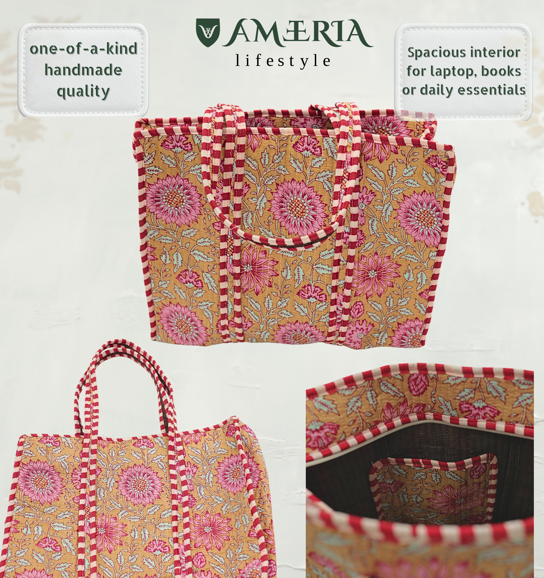 Premium Cotton Tote Bag with Side Pocket – Mustard Floral Block Print