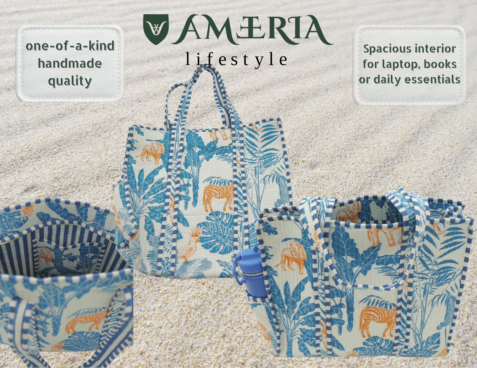Premium Cotton Tote Bag with Side Pocket – Blue Safari Animal Print