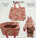 Premium Cotton Tote Bag with Side Pocket – Red Sunflower Block Print