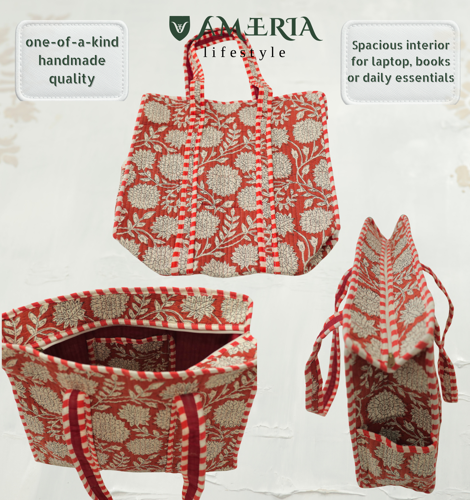 Premium Cotton Tote Bag with Side Pocket – Red Sunflower Block Print